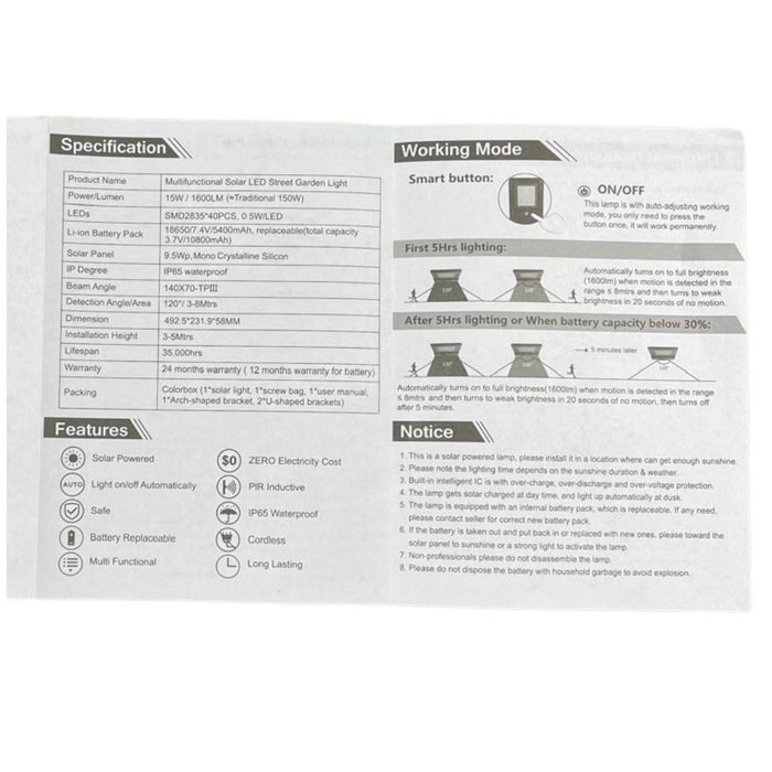 15W Solar LED Light with PIR Motion Sensor